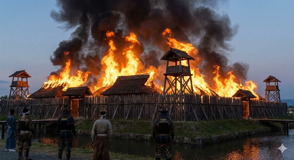 炎に包まれる長島の砦