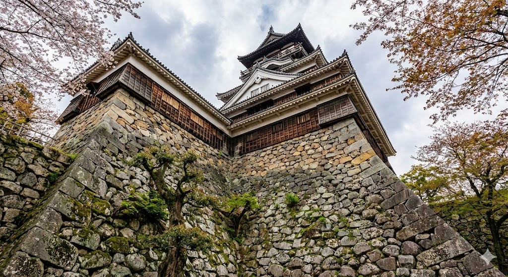 日本の城の石垣と天守閣を下から見上げた構図