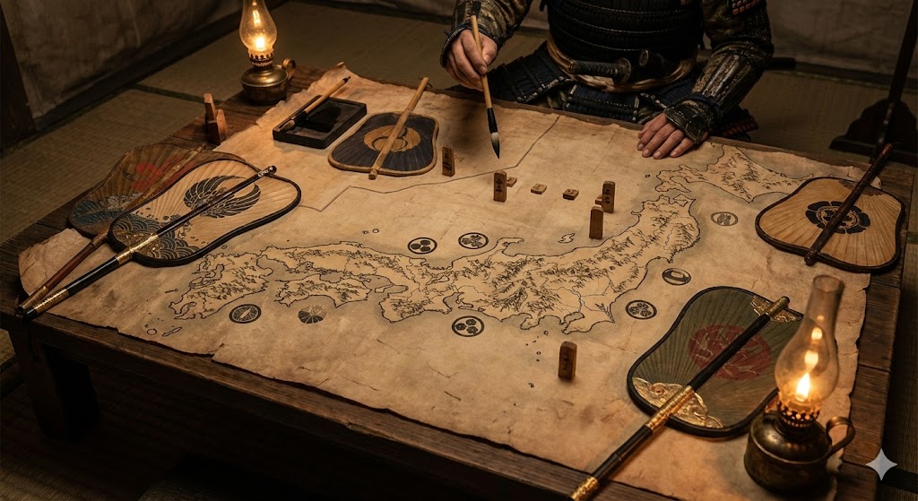 古地図や軍配を広げて戦略を練っているイメージ