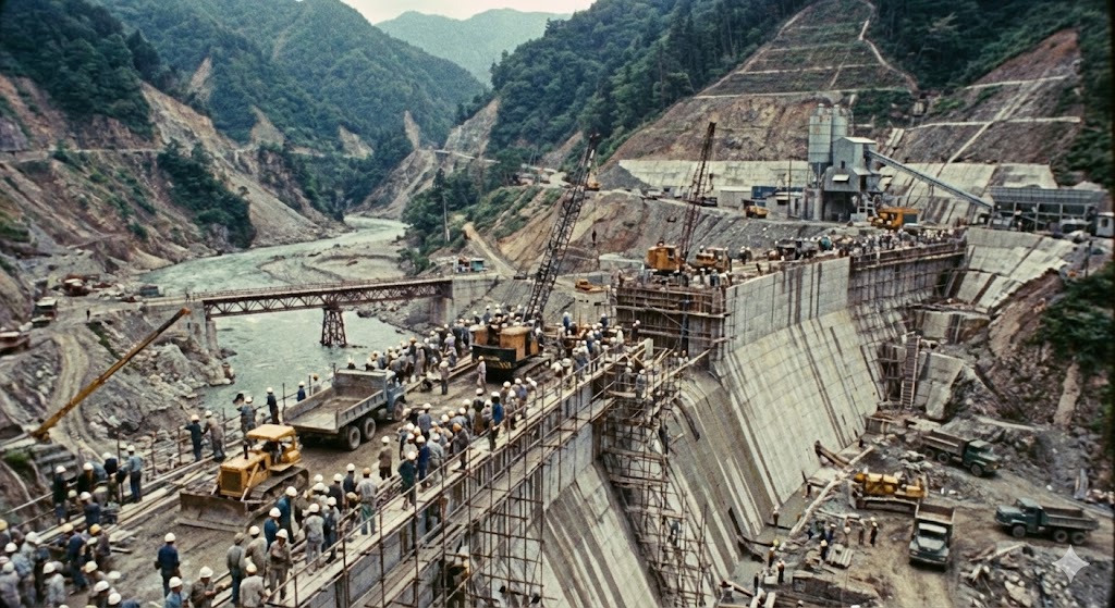 地方の山間部で進められる大規模なダム建設工事の現場