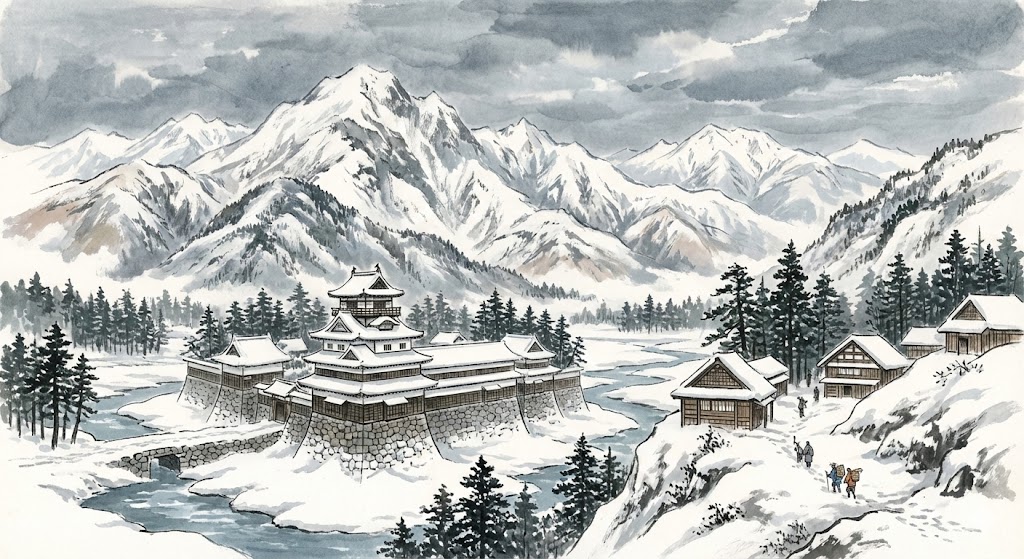 雪の立山連峰と富山城をイメージさせる冬の山岳風景