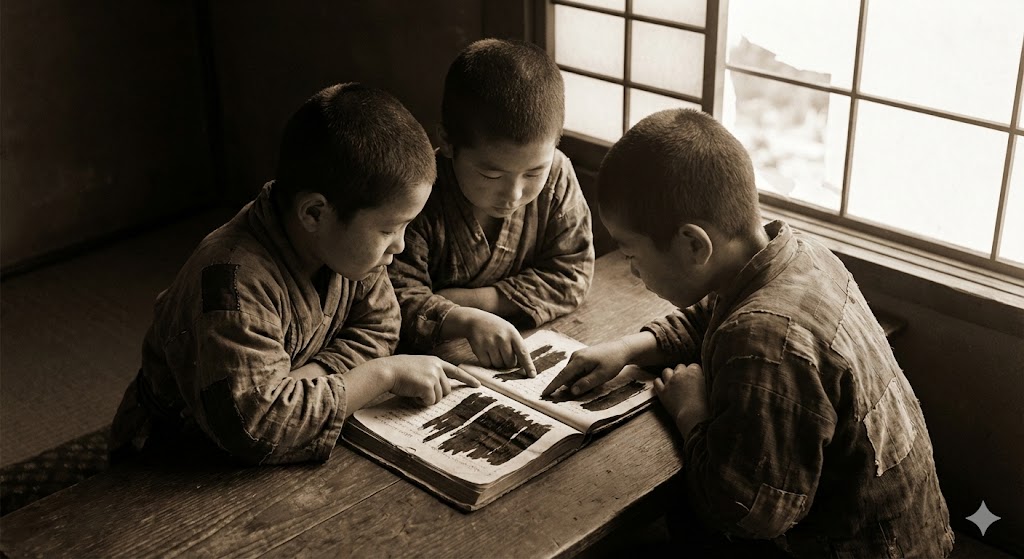 墨塗りの教科書を見る子供たちの画像