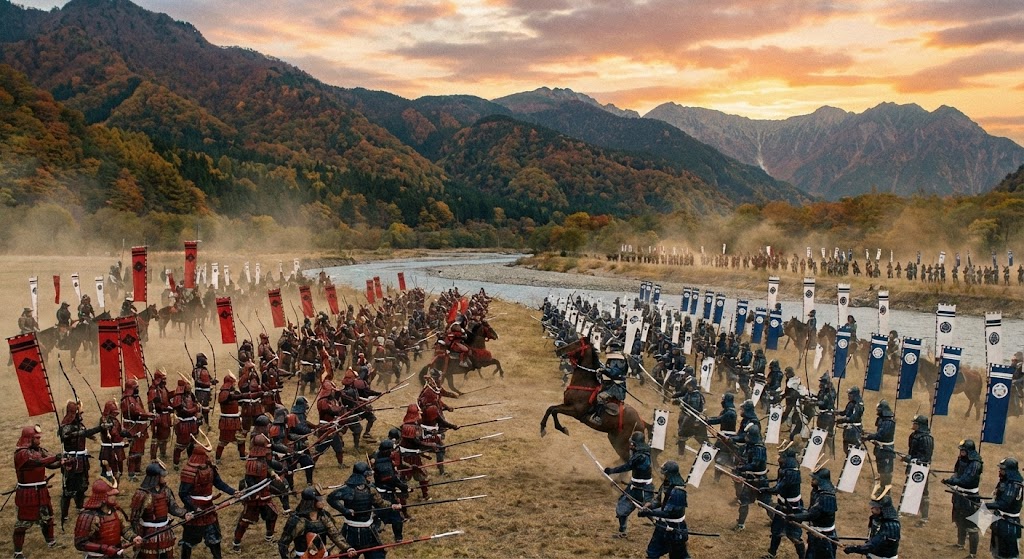 山の麓で対峙する二つの軍勢のイメージ