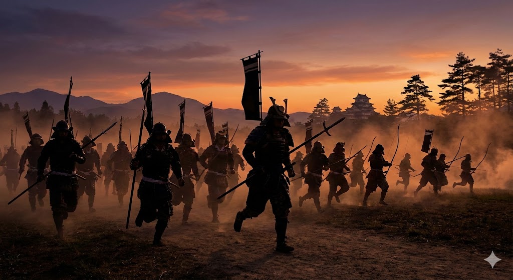 足早に移動する戦国時代の軍隊のシルエット