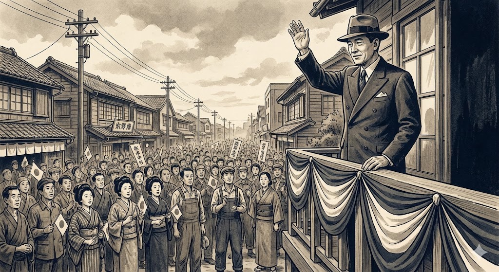 スーツ姿で帽子を振り群衆に応える昭和天皇の様子