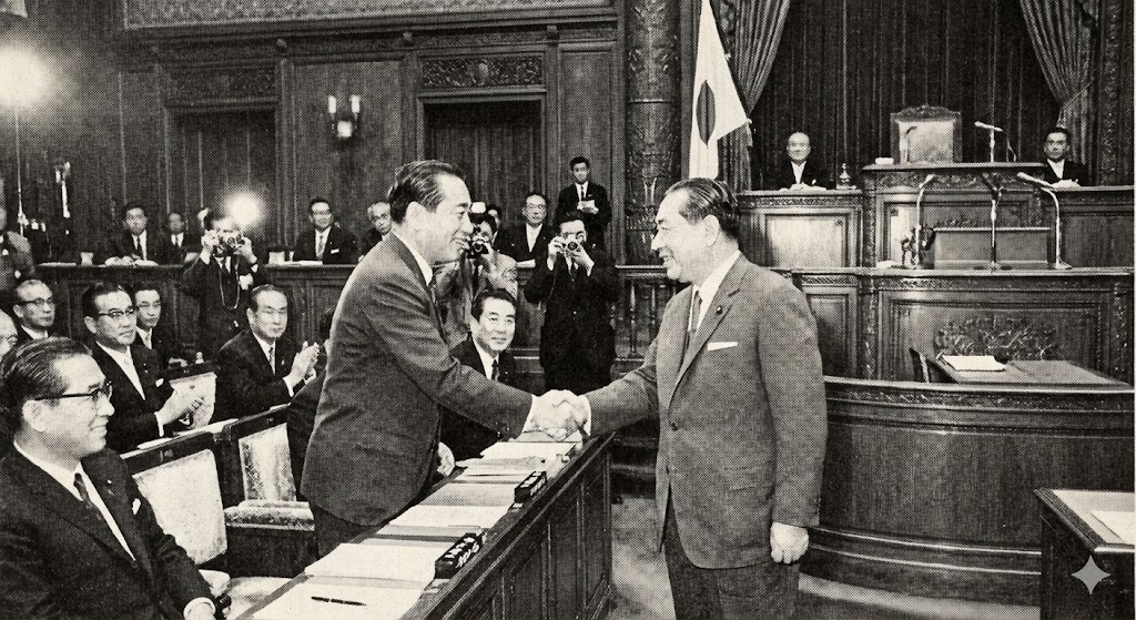 国会で野党議員と握手を交わす池田首相の様子