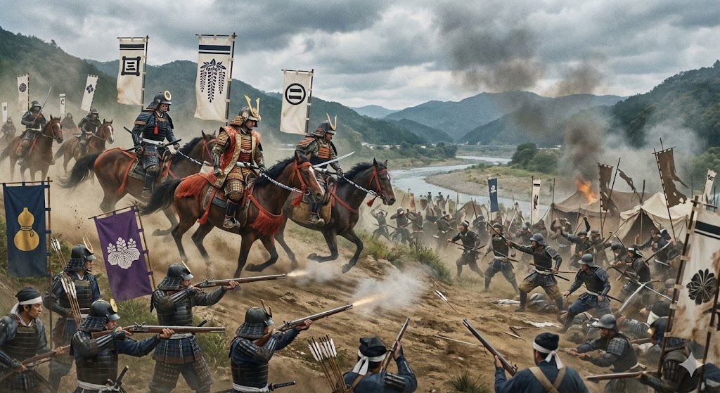 側面から敵本陣へ向かって突撃を開始する美濃三人衆とそれを支援する羽柴隊