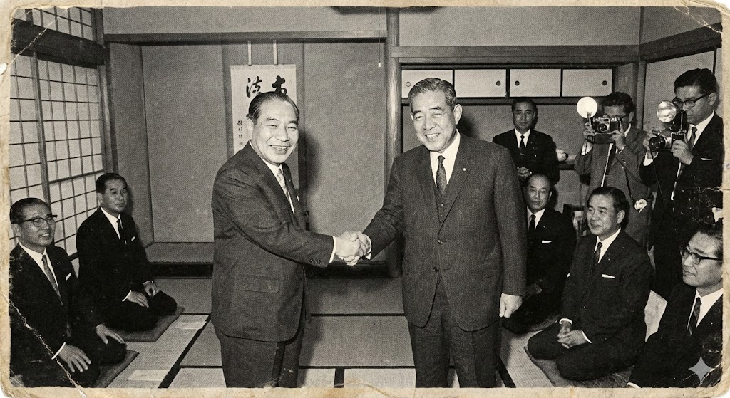 池田勇人がライバルの政治家と握手をして協力体制を築いている様子