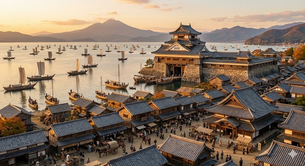 琵琶湖の畔に築かれた長浜城と城下町の風景