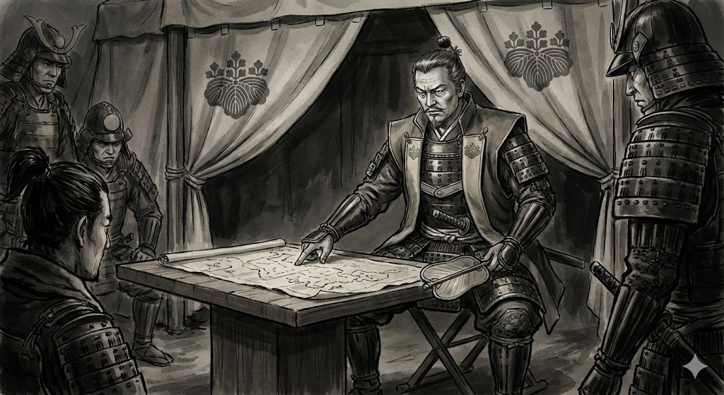 本陣で地図を広げながら冷ややかな目で次の策を練る豊臣秀長のイラスト