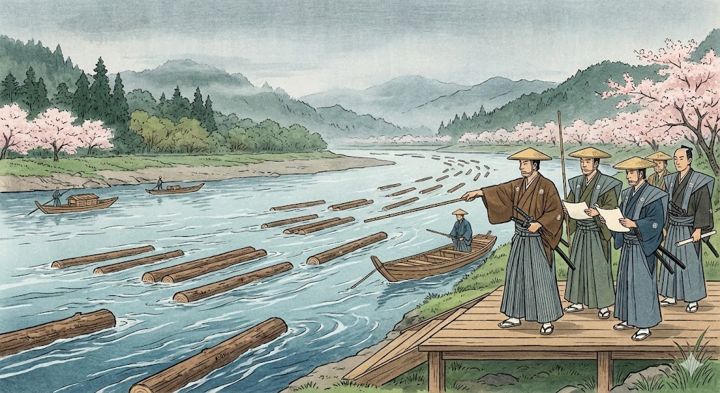 紀ノ川を流れる大量の材木とそれを検分する役人のイラスト