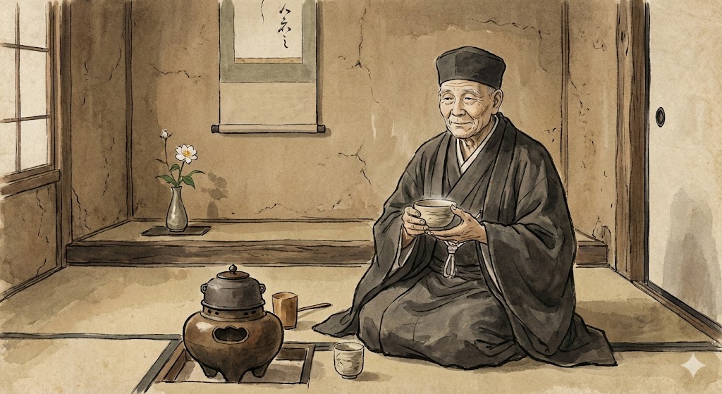 千利休の肖像画。侘び茶の大成者であり、秀長と深いつながりを持った人物。