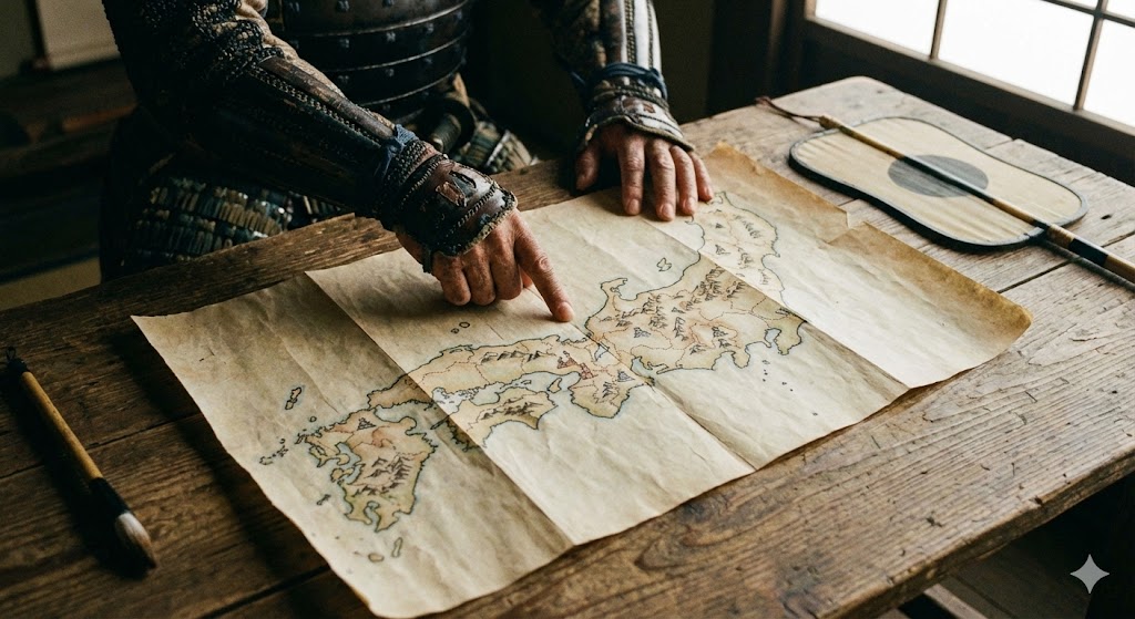 地図を広げて領地を指差す手元