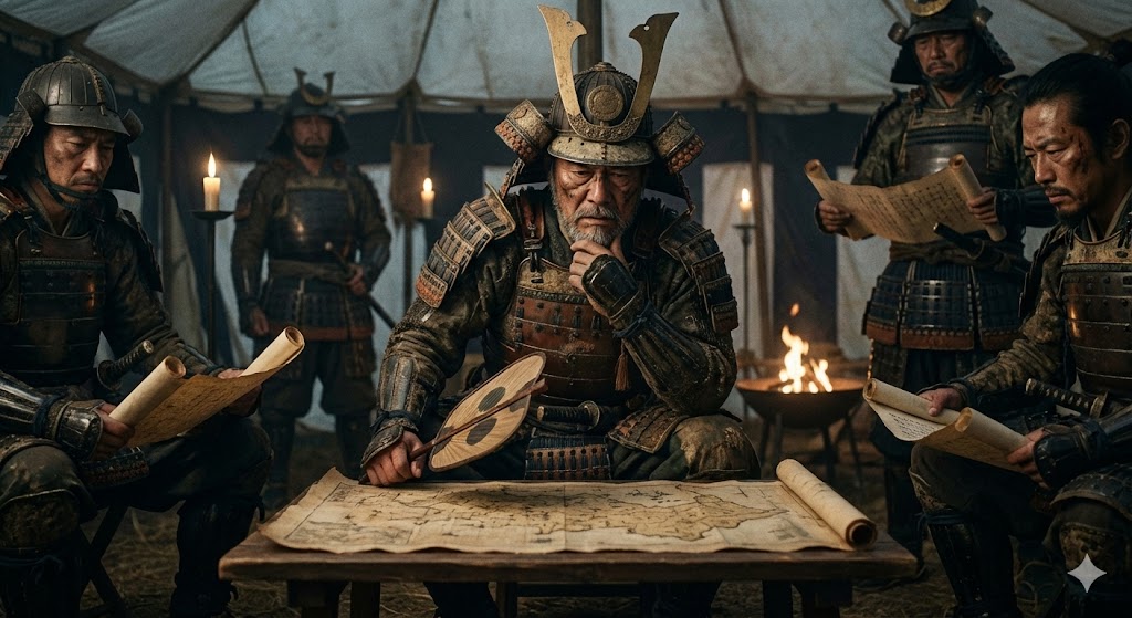 甲冑姿の武将が地図を見ながら深刻な表情で戦略を練っている様子
