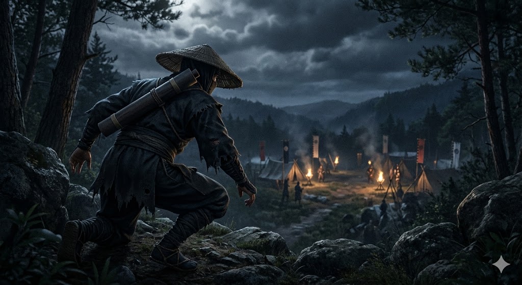 書状を持った密使が夜陰に乗じて敵陣へ向かう様子