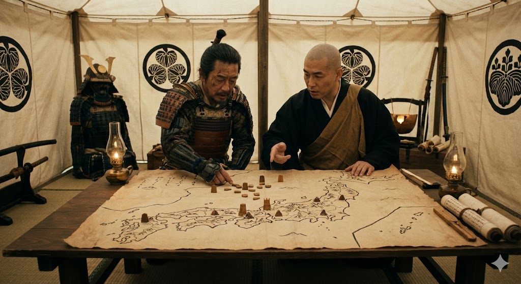 戦略マップを前にして二人の人物が話し込んでいる様子、信頼関係が感じられる雰囲気