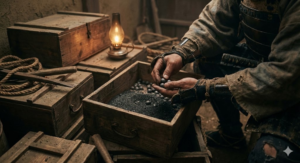 薄暗い蔵の中で、木箱に入った火薬や弾丸を確認している戦国時代の武将の手元