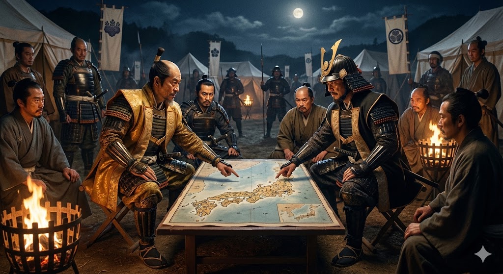 秀吉と家康が陣中で対面し、国替えについて話している様子