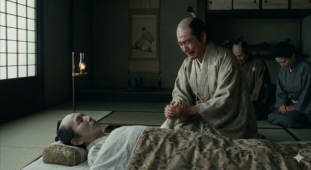 布団に横たわる秀長と、手を握って涙を流す秀吉の様子