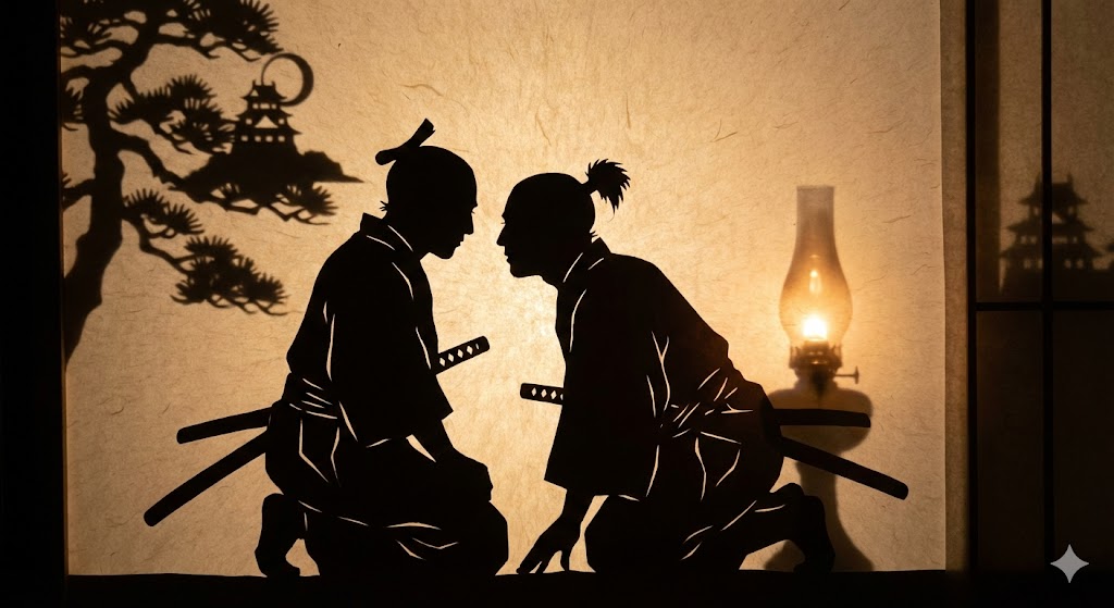 二人の武士が膝を突き合わせて語り合う影絵