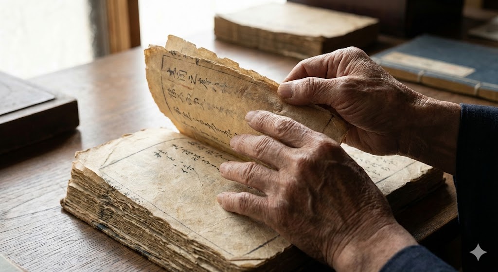 古びた書物のページをめくる手元の様子