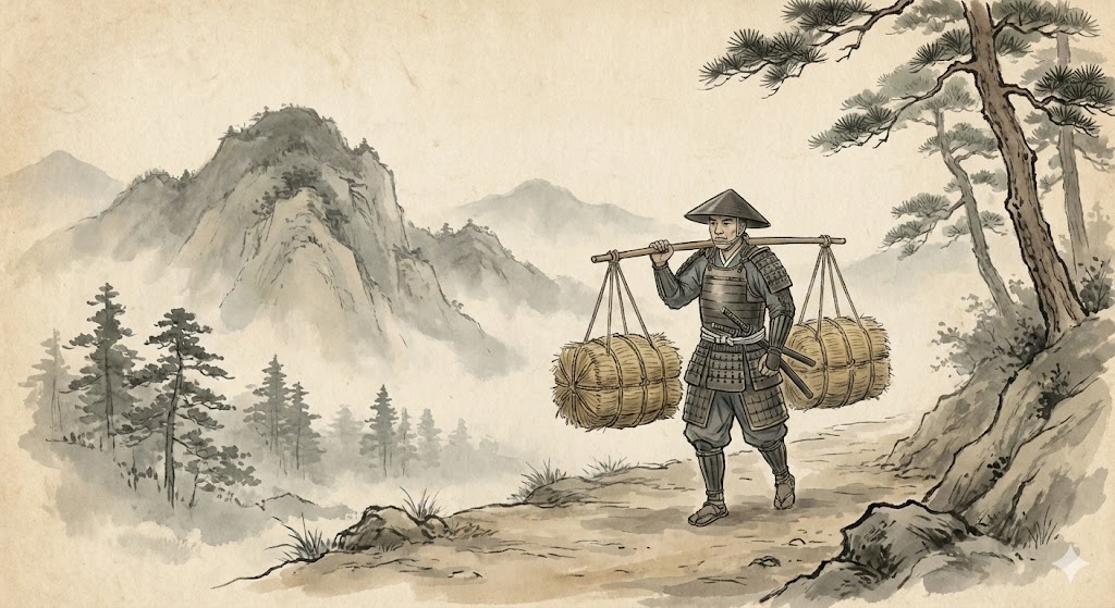 戦国時代の足軽が荷物を運んでいる様子のイラスト