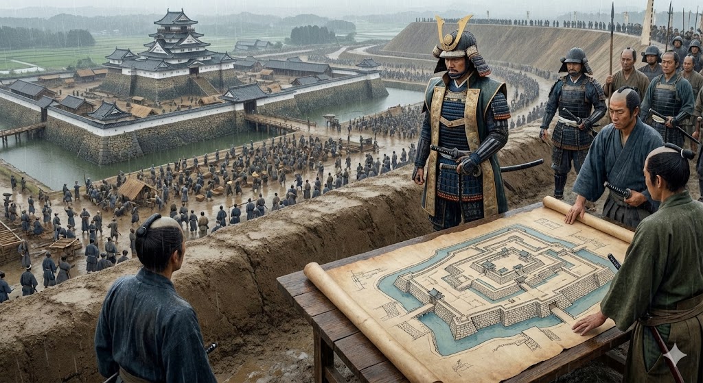 堤防の上から城を見下ろす指揮官と設計図面のイメージ