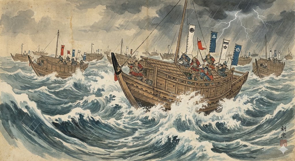 荒波を超える安宅船の船団
