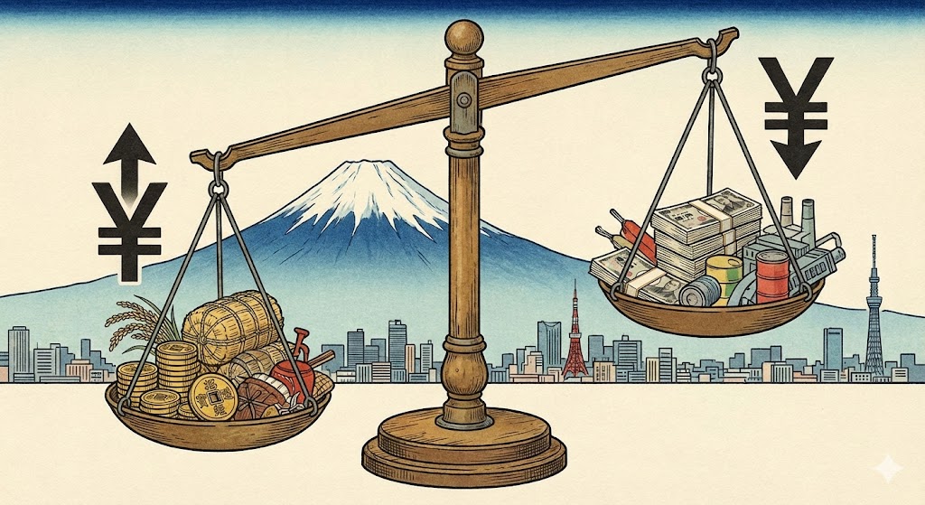 円高と円安のバランスが変わる天秤のイメージ