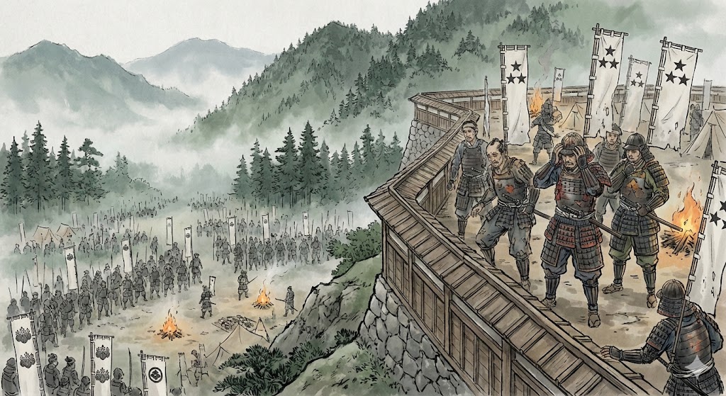 山城である一宮城を包囲する豊臣軍と、城内で苦悩する長宗我部軍の図