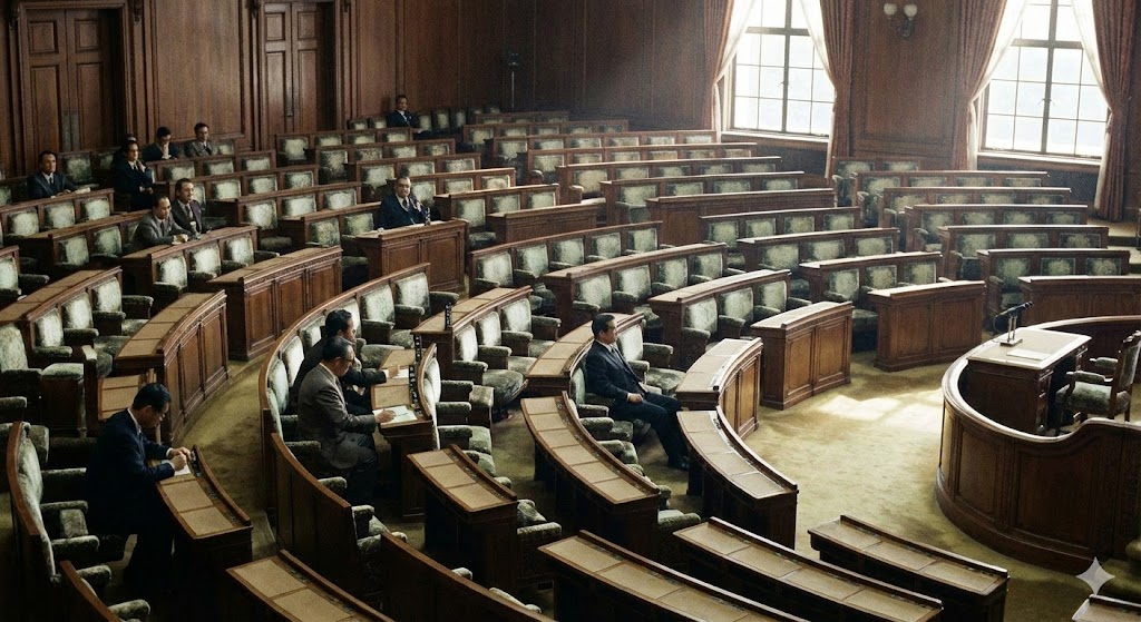 国会議事堂内の空席が目立つ議場の様子