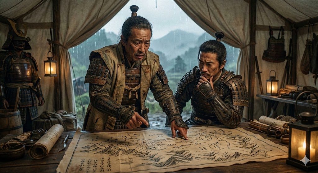 地図を広げて撤退ルートを確認し合う秀吉と秀長のイメージ図