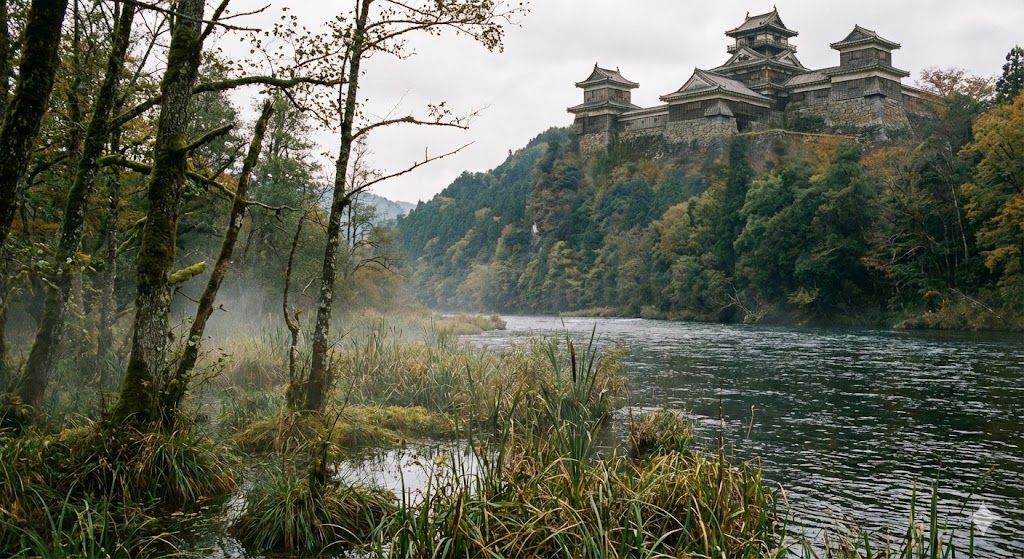 川沿いの湿地帯と対岸の山城を見上げる風景画像