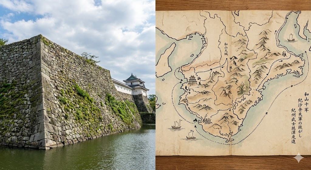 和歌山城の石垣と、当時の紀州征伐軍の進路を示す古地図のイメージ