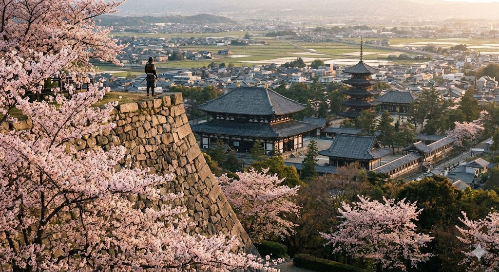 大和郡山城の石垣と、奈良の寺院を見下ろすような構図のイメージ画像