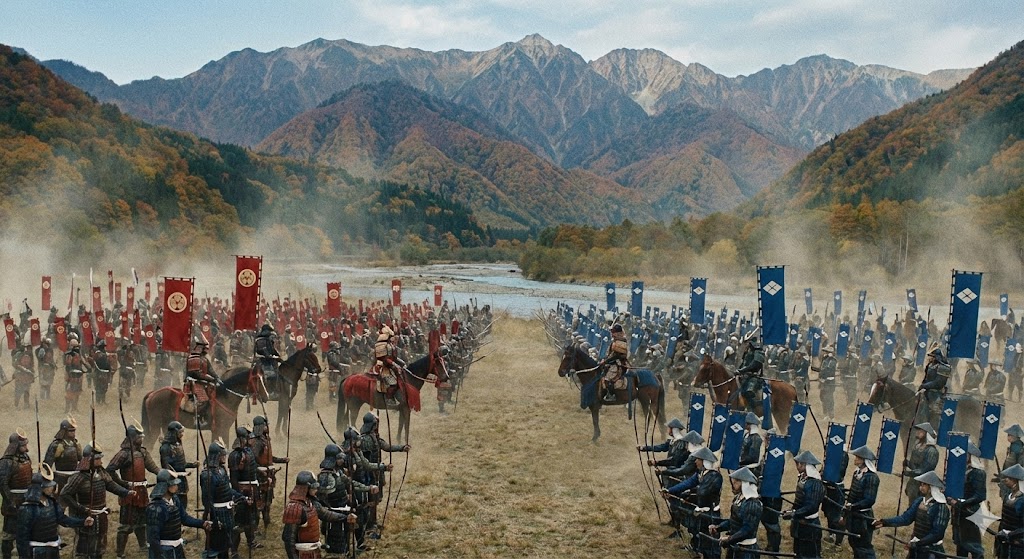 山頂にそびえる竹田城跡の石垣と、そこから見下ろす但馬の山並みの風景