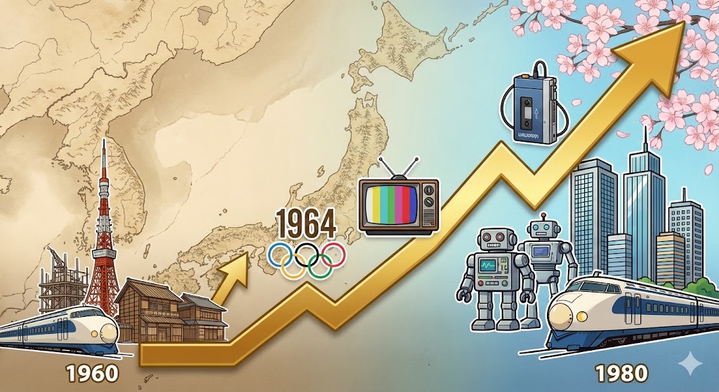 1960年から1980年にかけての日本のGDP急上昇を示すグラフ