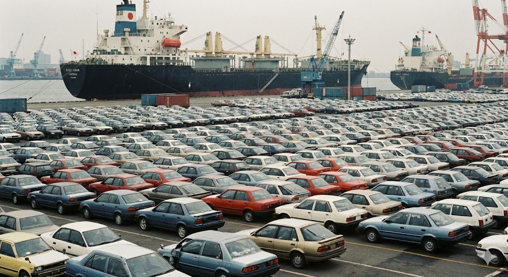 1980年代、米国へ輸出されるため港に並ぶ大量の日本車
