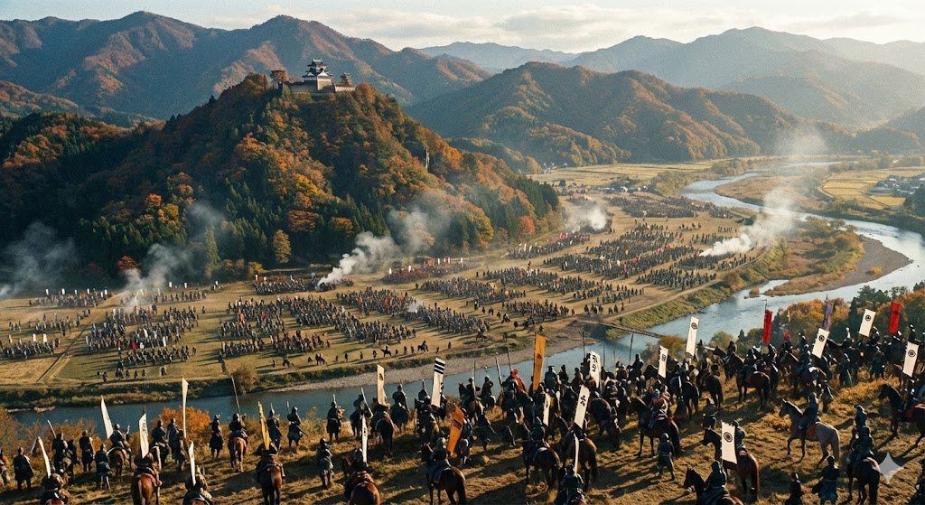 円明寺川を挟んで対峙する両軍のイメージ図