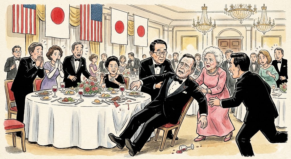 ブッシュ大統領が晩餐会で倒れる様子を描いたイラスト