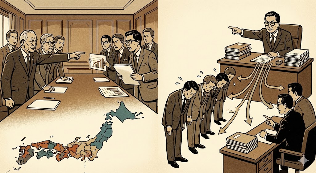 日銀内部での派閥争いと窓口指導の様子を表す図