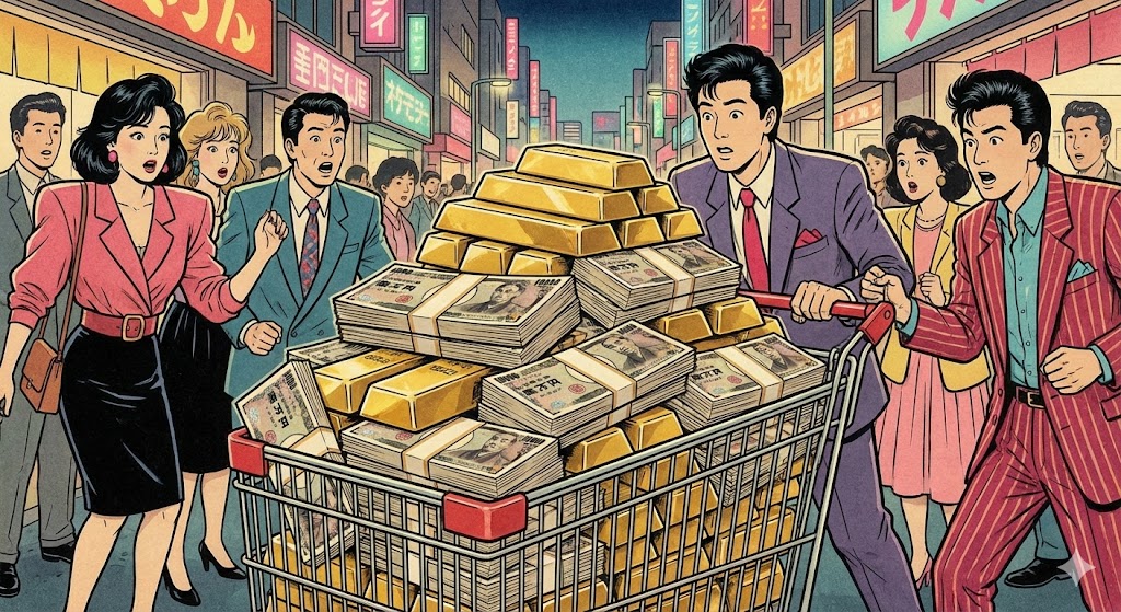 ショッピングカートに積まれた金塊と札束のイラスト