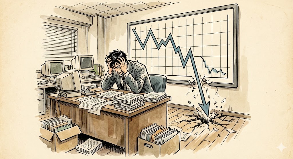 急降下するグラフと頭を抱える銀行員のイラスト